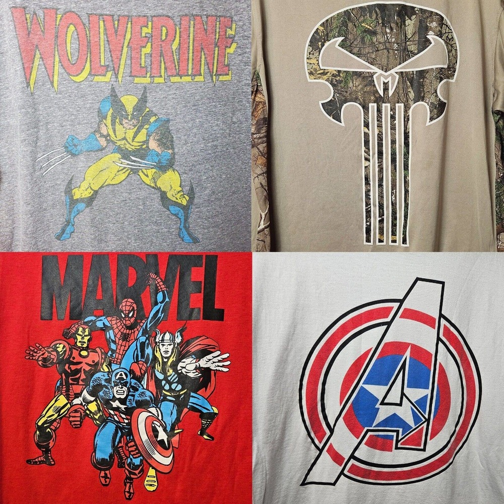 Lot of 4 Marvel Shirts: Wolverine, Punisher, Avengers, Spiderman/Ironman/Thor/CA